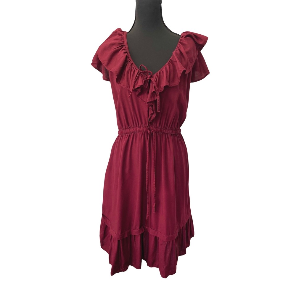 Old Navy Ruffle Neck Fit & Flare Dress Womens Large Burgundy Red Rayon Mini L